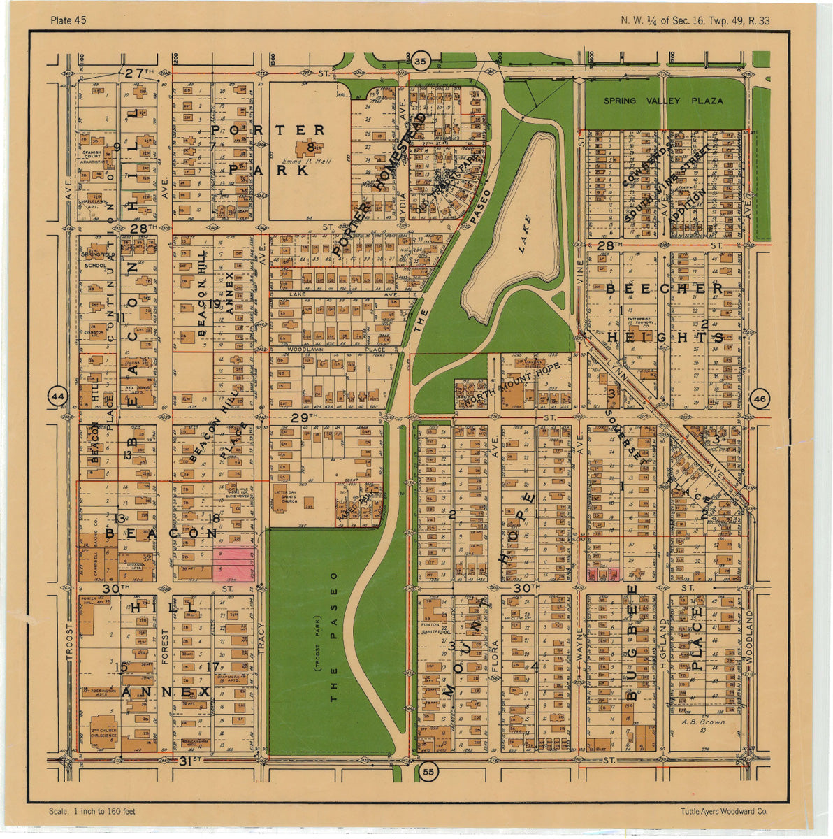 Kansas City 1925 Neighborhood Map - Plate #45 27th-31st Troost-Woodland