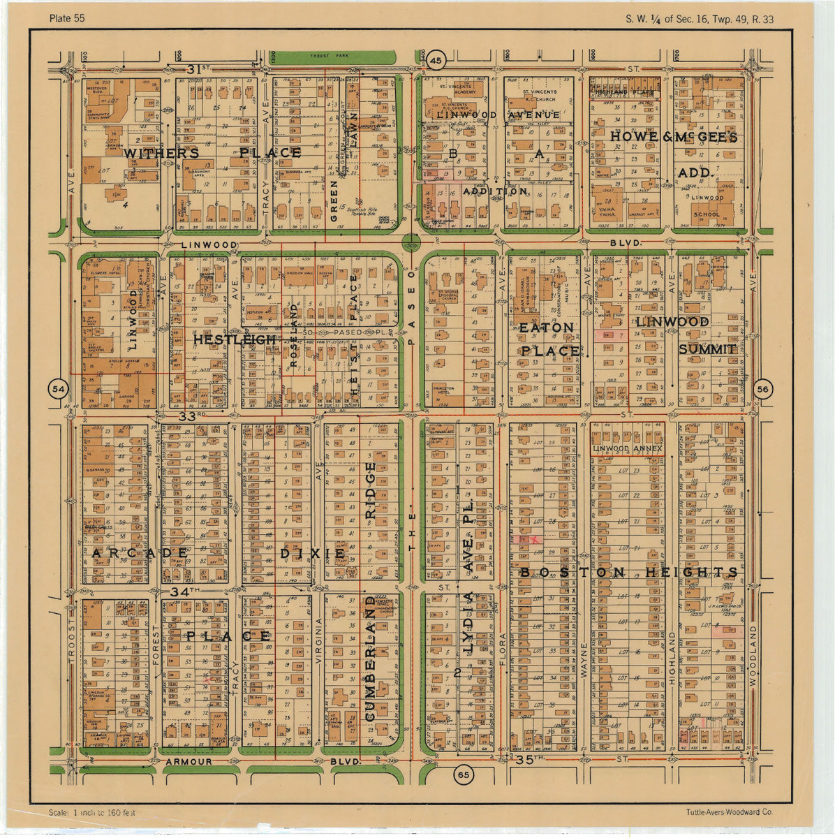 Kansas City 1925 Neighborhood Map - Plate #55 31st-Armour Troost-Woodland