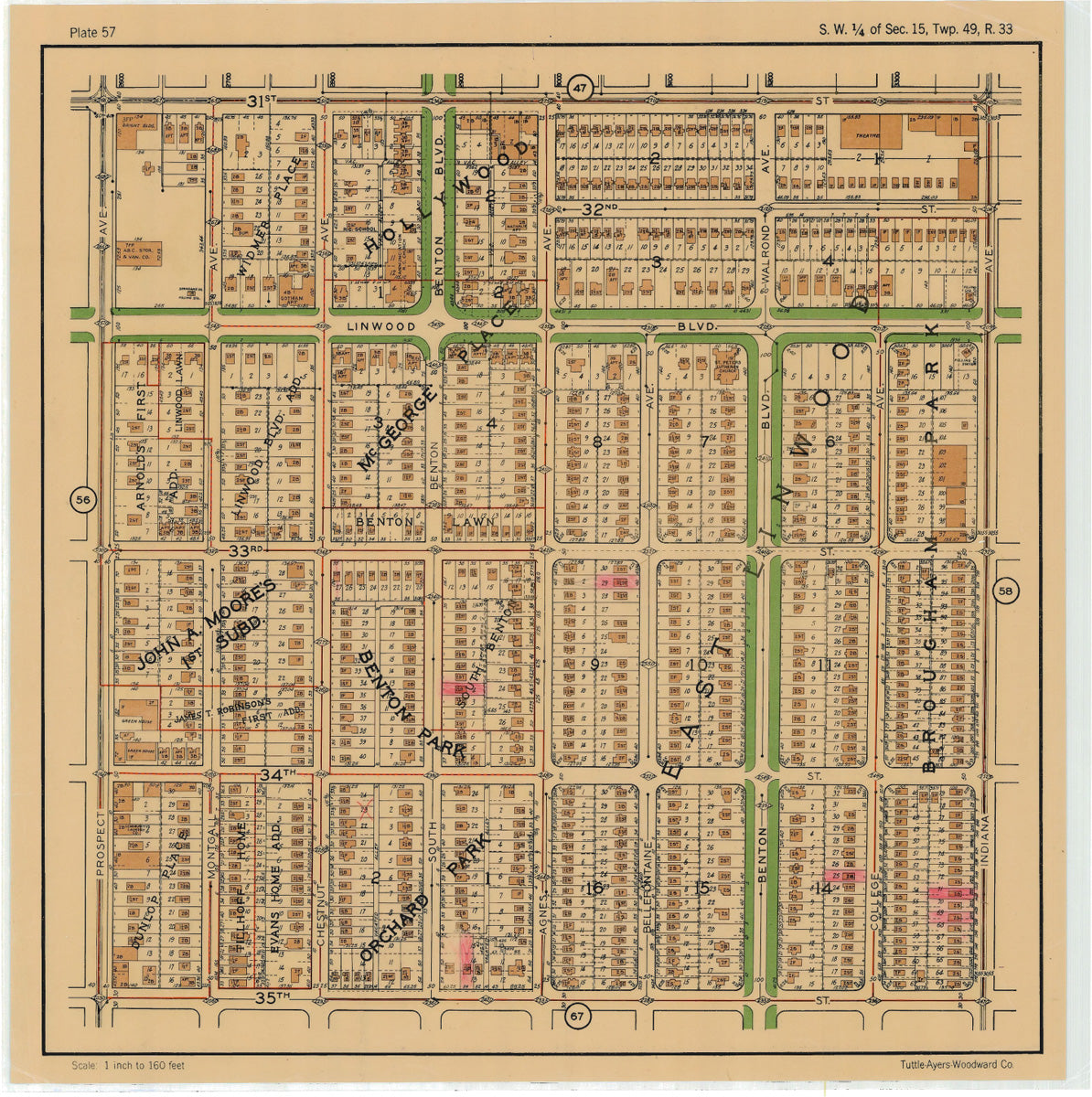 Kansas City 1925 Neighborhood Map - Plate #57 31st-35th Prospect-Indiana