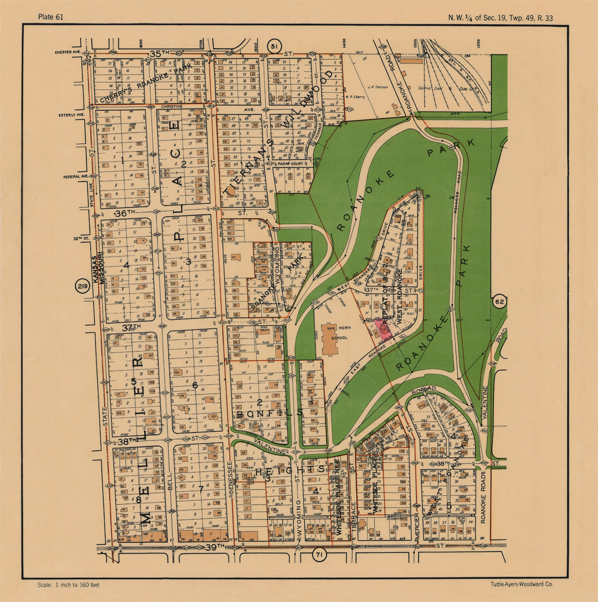 Kansas City 1925 Neighborhood Map - Plate #61 35th-39th State Line-Roanoke