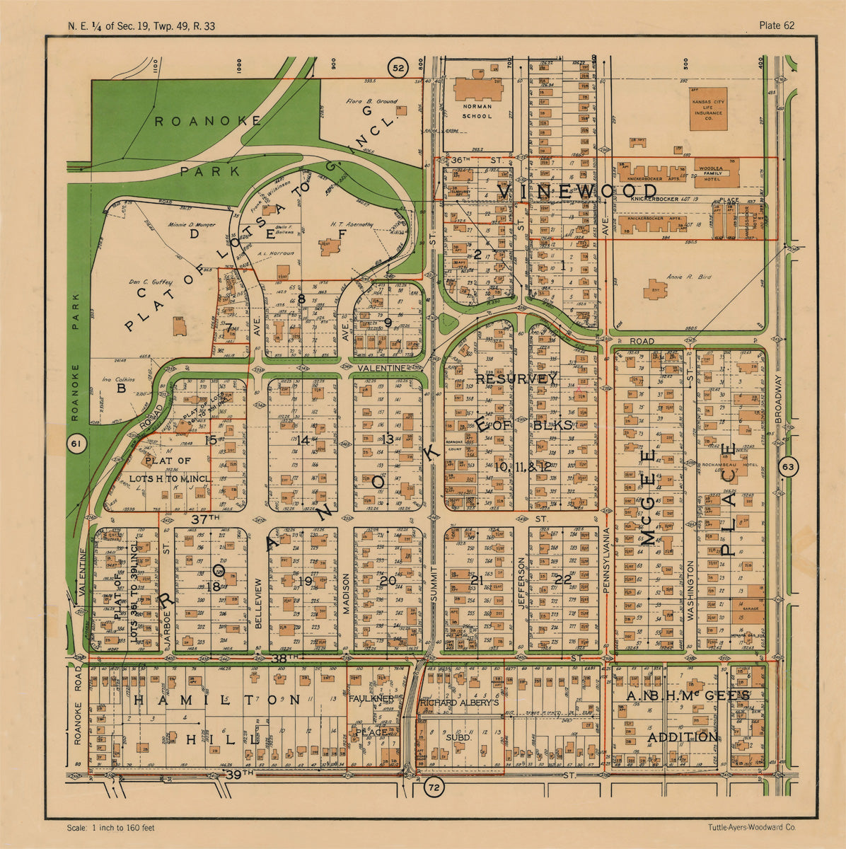 Kansas City 1925 Neighborhood Map - Plate #62 36th-39th Roanoke-Broadway