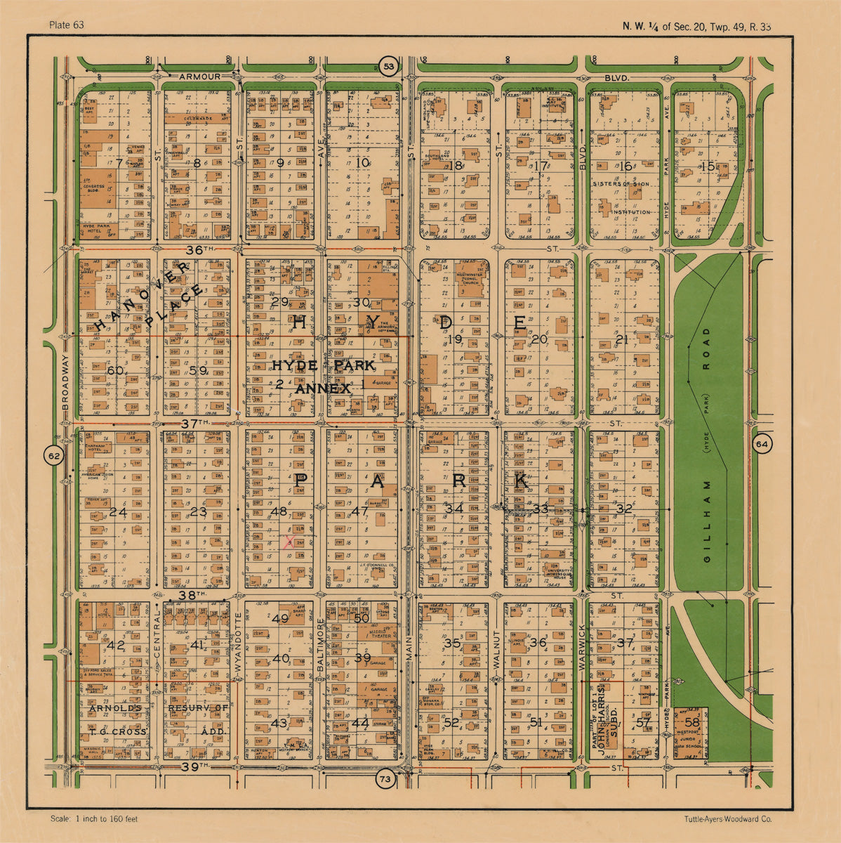 Kansas City 1925 Neighborhood Map - Plate #63 Armour-39th Broadway-Gillham Rd