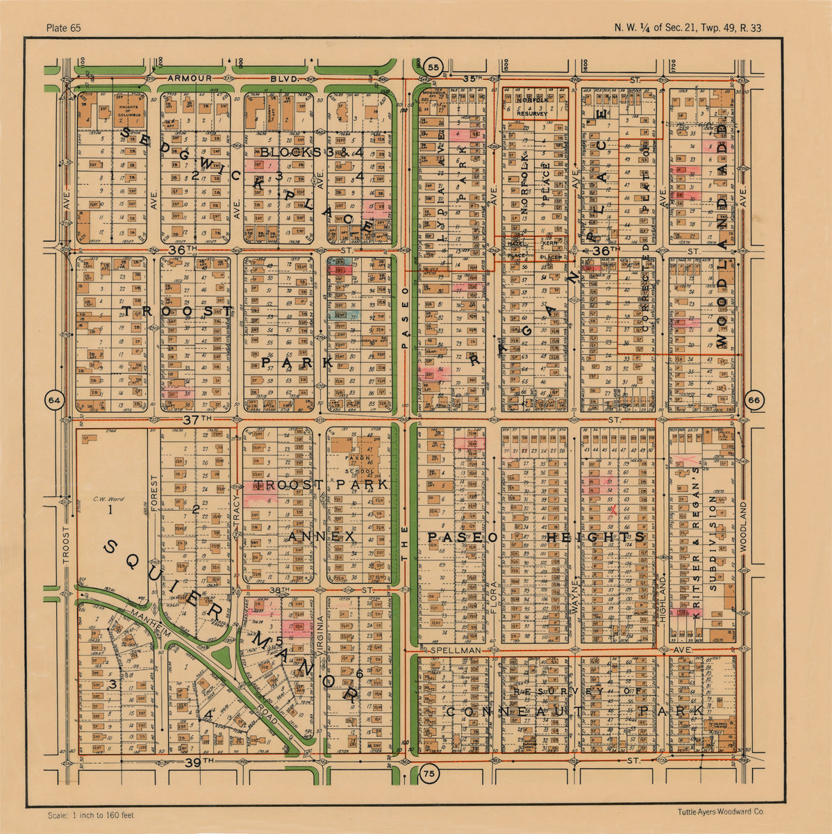 Kansas City 1925 Neighborhood Map - Plate #65 Armour-39th Troost-Woodland
