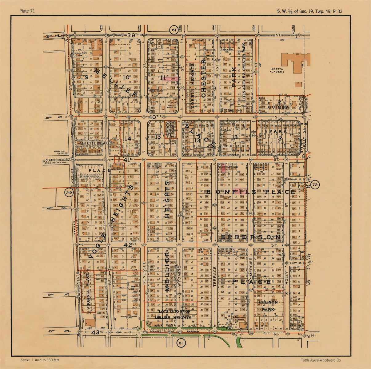 Kansas City 1925 Neighborhood Map - Plate #71 39th-43rd State Line-Holly