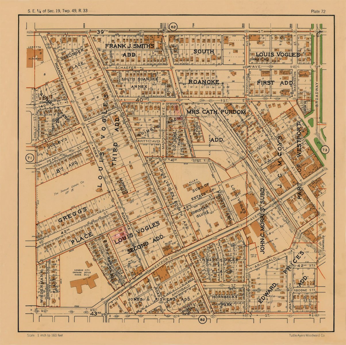 Kansas City 1925 Neighborhood Map - Plate #72 39th-43rd Holly-Broadway