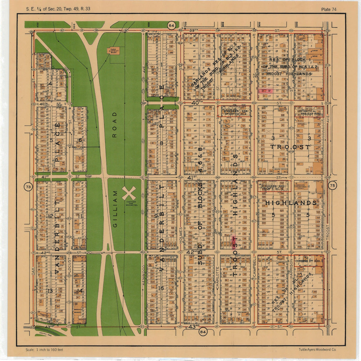 Kansas City 1925 Neighborhood Map - Plate #74 39TH-43RD OAK-TROOST