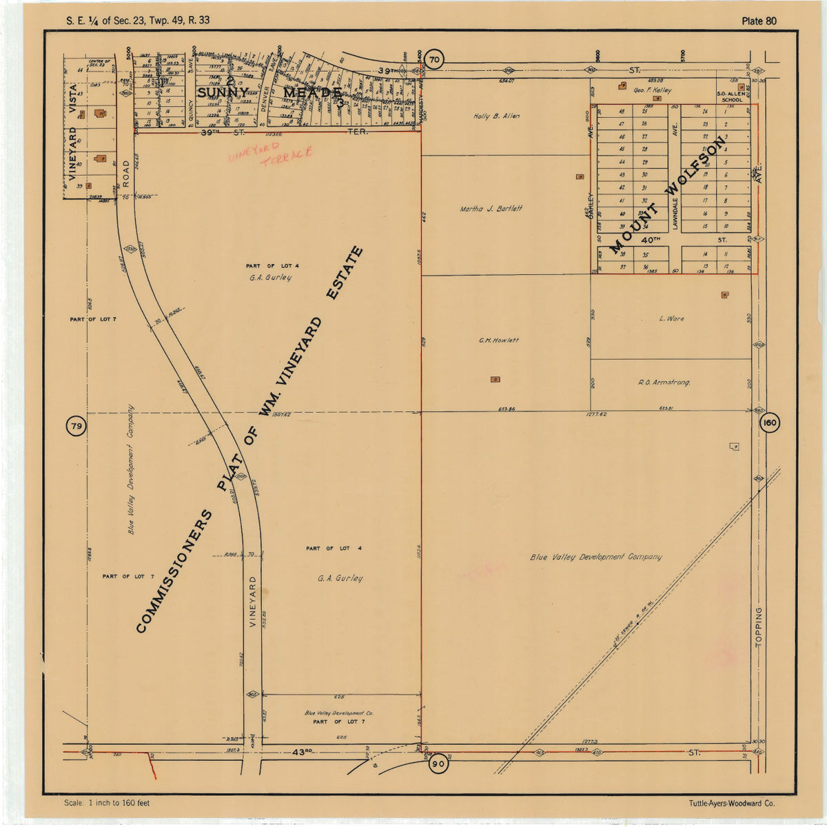 Kansas City 1925 Neighborhood Map - Plate #80 39th-43rd Vineyard-Topping
