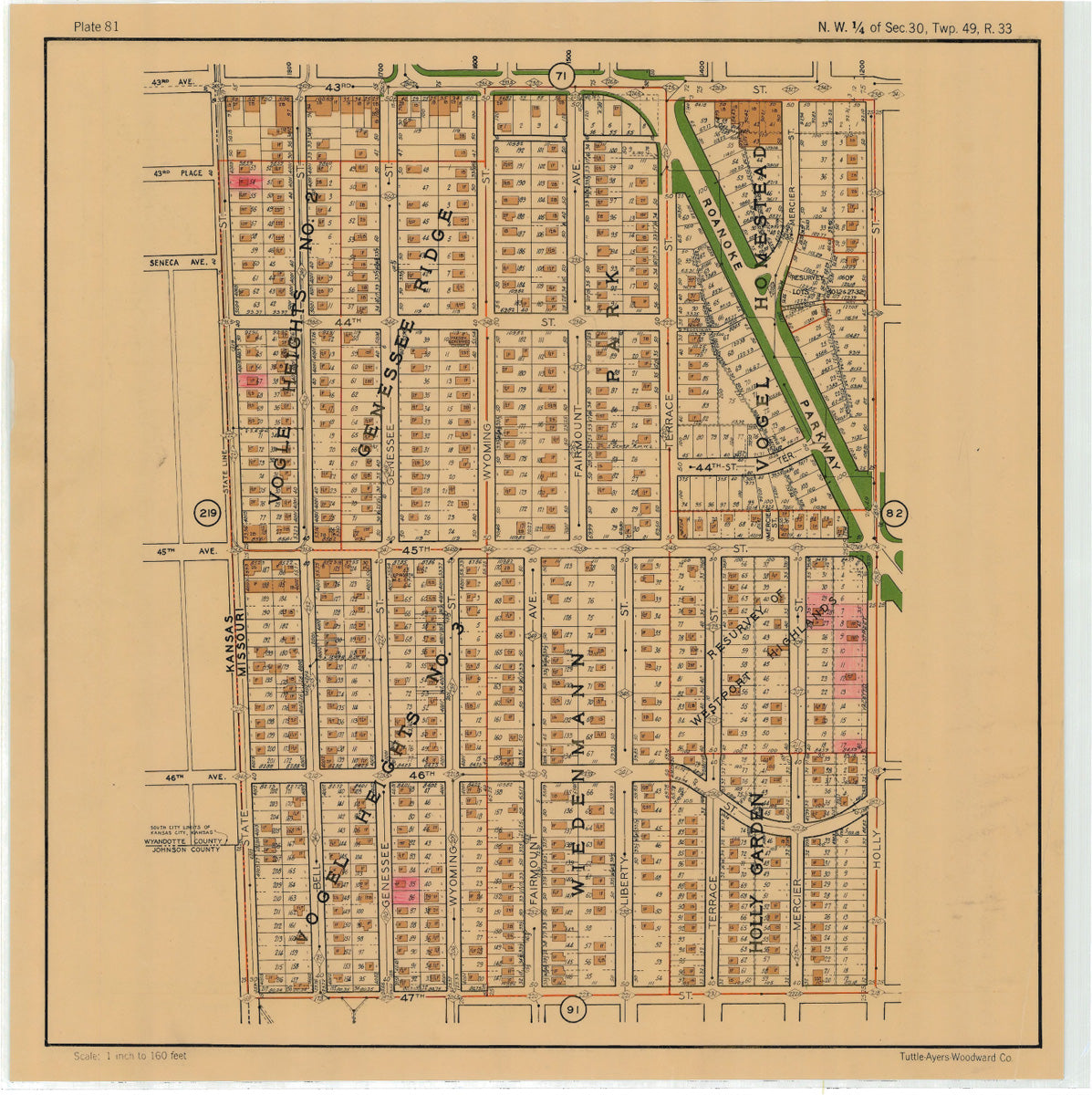 Kansas City 1925 Neighborhood Map - Plate #81 43rd-47th State Line-Holly