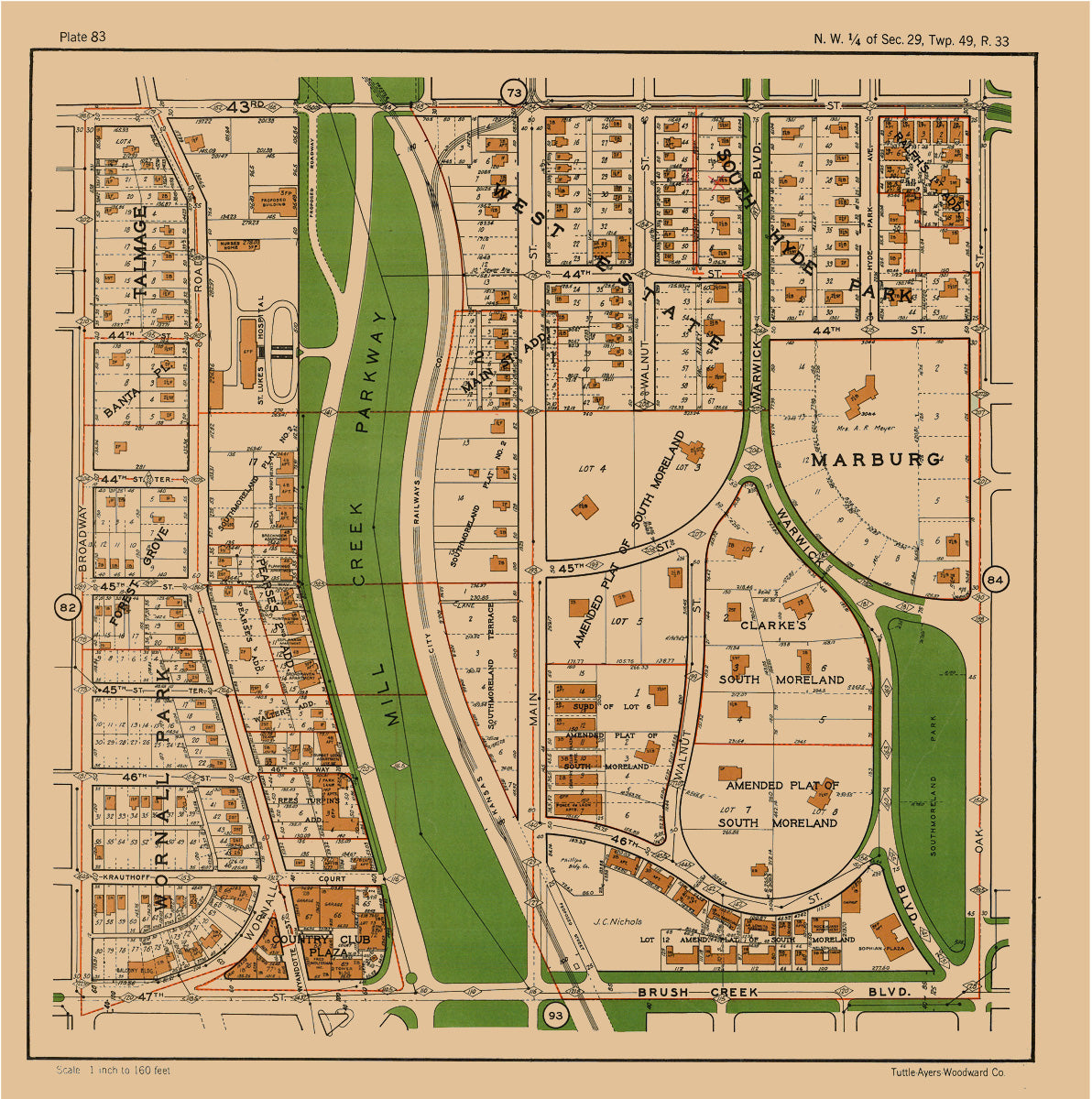 Kansas City 1925 Neighborhood Map - Plate #83 43rd-Brush Cr Blvd Broadway-Oak