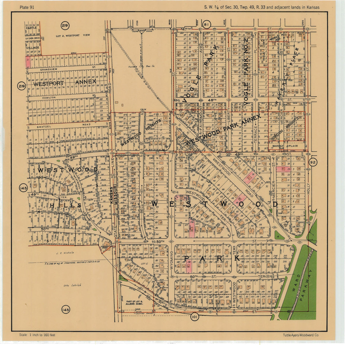 Kansas City 1925 Neighborhood Map - Plate #91 47th-51st State Line-Holly