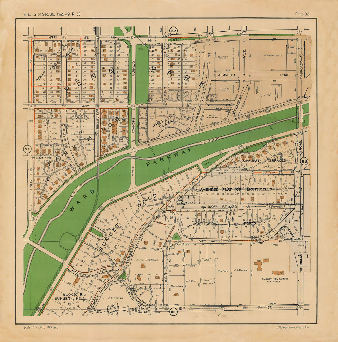 Kansas City 1925 Neighborhood Map - Plate #92 47th-51st Holly-Wornall