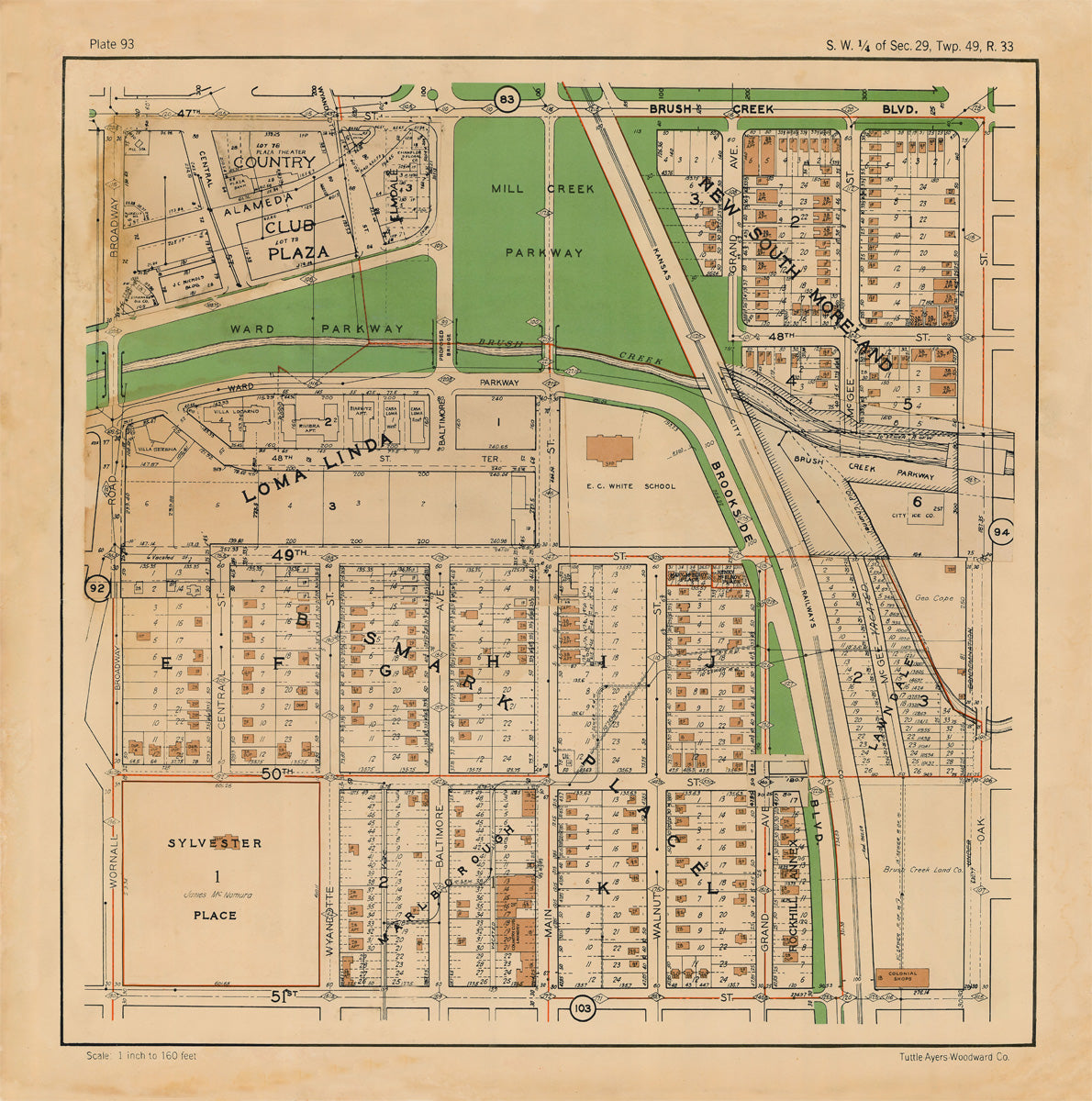 Kansas City 1925 Neighborhood Map - Plate #93 47th-51st Wornall-Oak