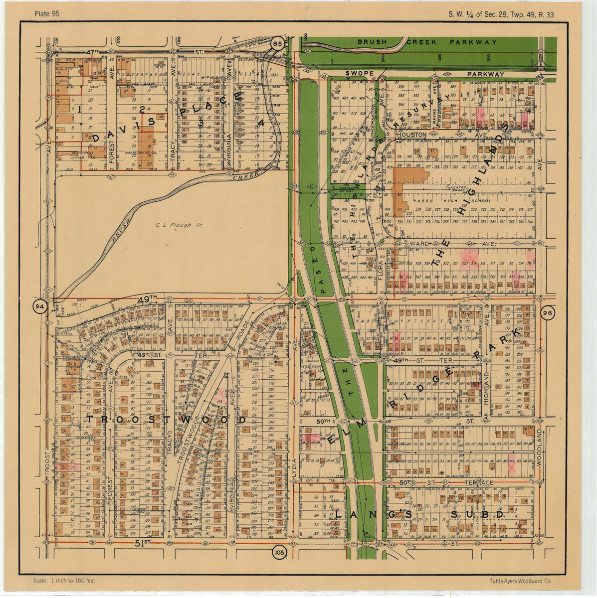 Kansas City 1925 Neighborhood Map - Plate #95 47th-51st Troost-Woodland