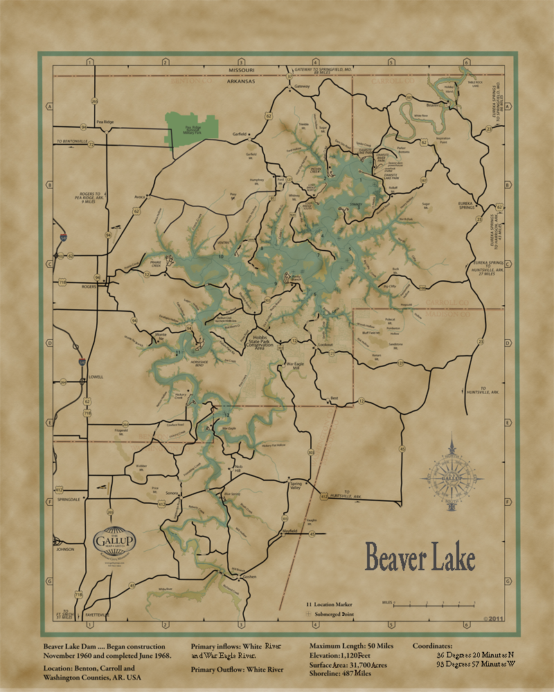 Beaver Lake Classic Vintage style Map with Lake Facts