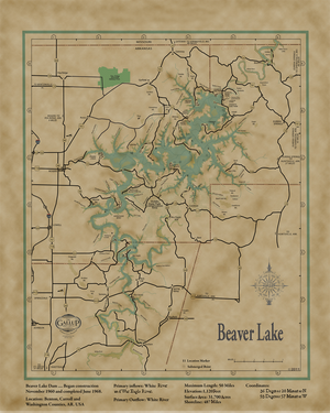 Beaver Lake Classic Vintage style Map with Lake Facts