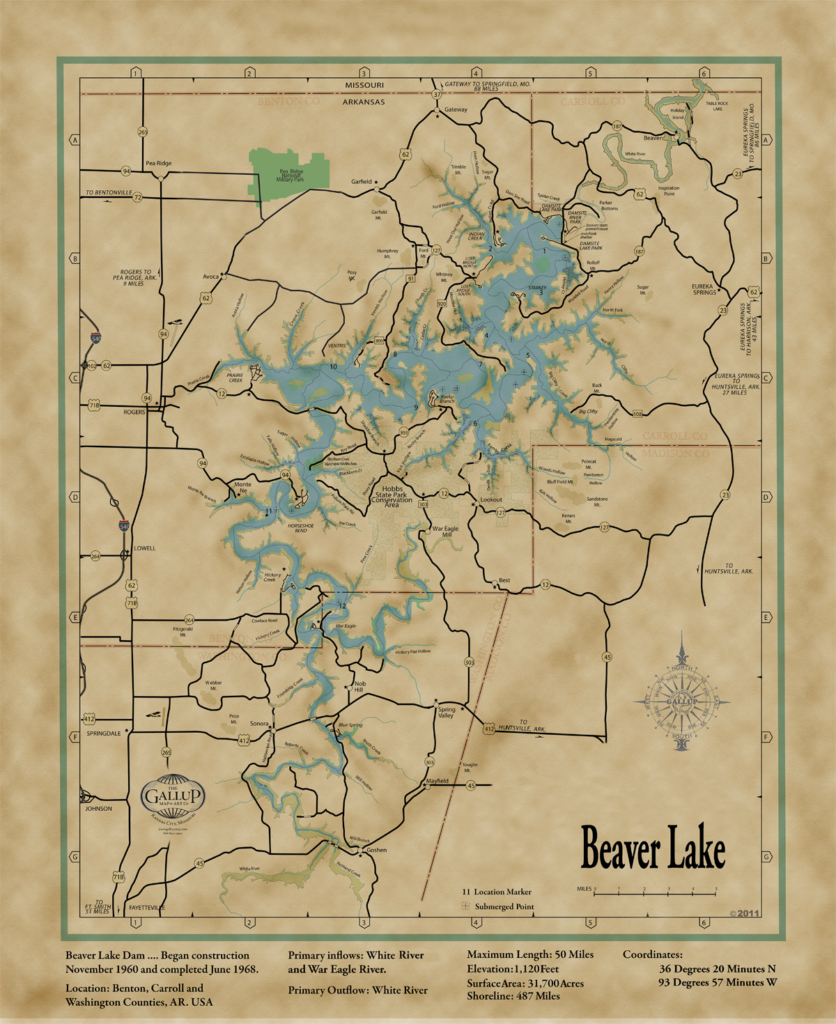 Beaver Lake Original Vintage Style Map with Lake Facts