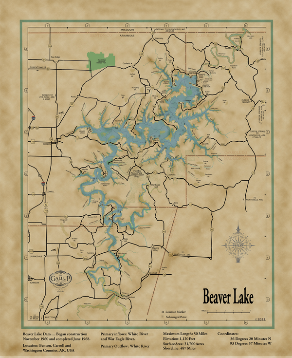 Beaver Lake Original Vintage Style Map with Lake Facts Gallup Map