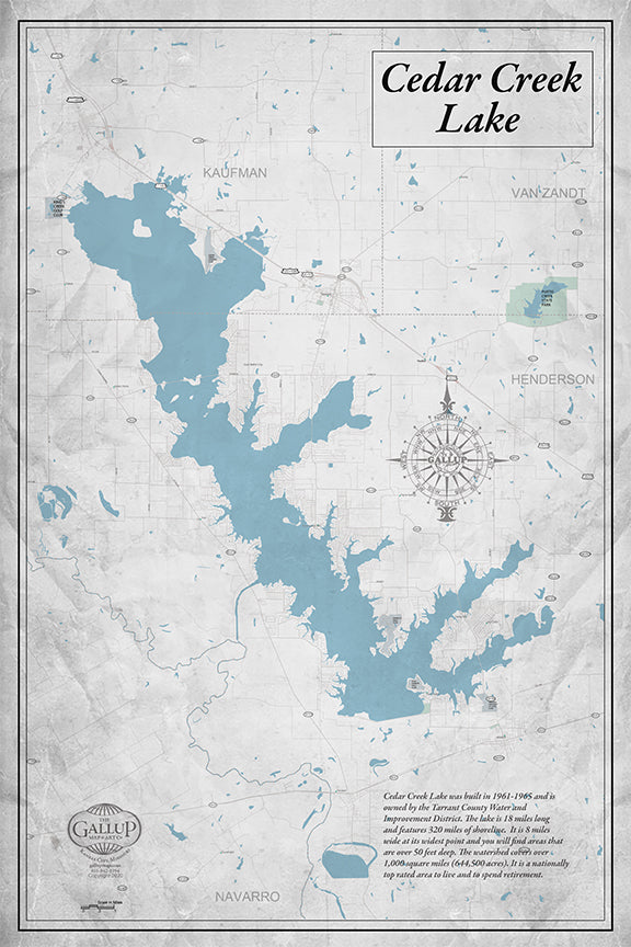 Decorative Vintage Style Cedar Creek Lake Classic Gray Map