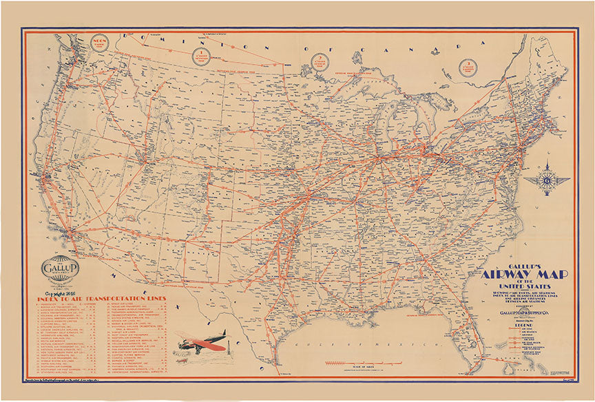 1930s' Vintage Airway Map of the United States Map