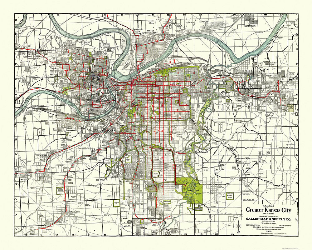 1926 Vintage Kansas City Map feautring the Street Cars.