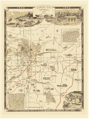 Kansas City Centennial 1850-1950 Vintage Historical Map