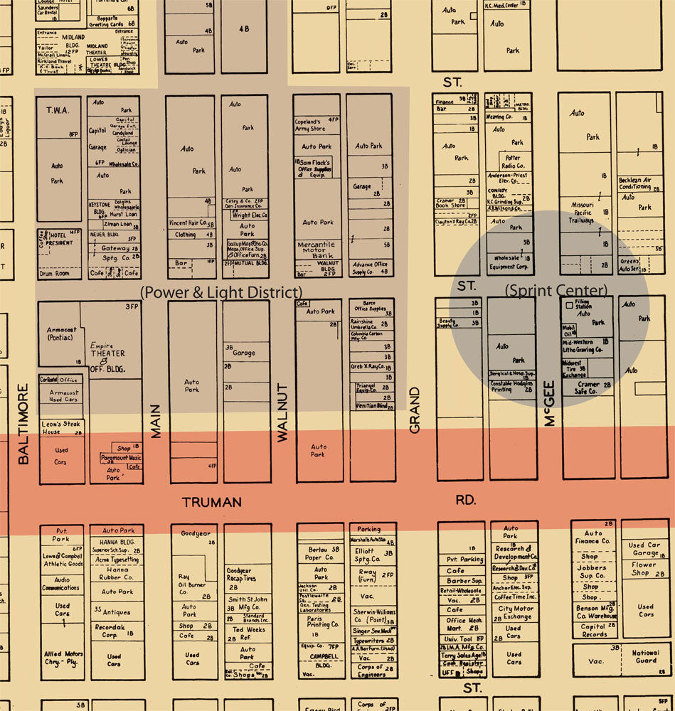 Downtown Kansas City Missouri Retail Business District Vintage Map 1967, image size:949x1000