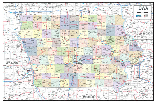 Iowa Laminated Wall Map County and Town map With Highways - Gallup Map