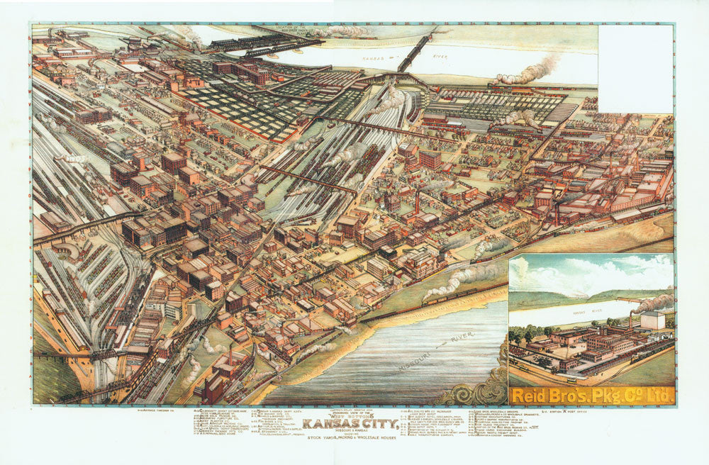 Kansas City Kansas West Bottoms Birds Eye Antique Map