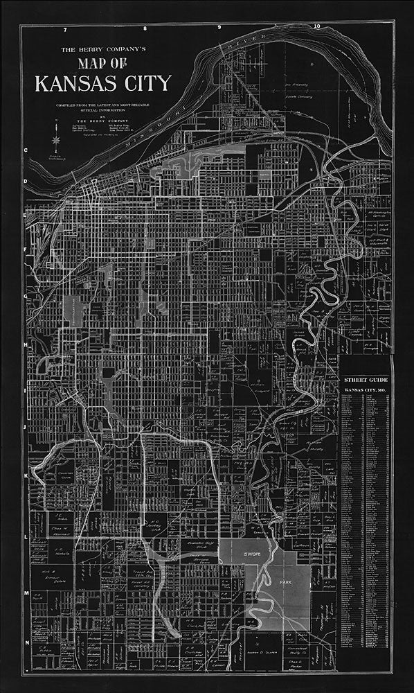 1911 Vintage Kansas City Black Negative Map
