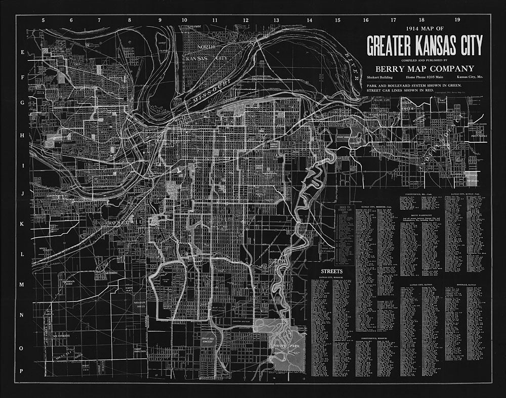 Kansas City Missouri Berry Street Car Antique Vintage Map 1914 - Negative