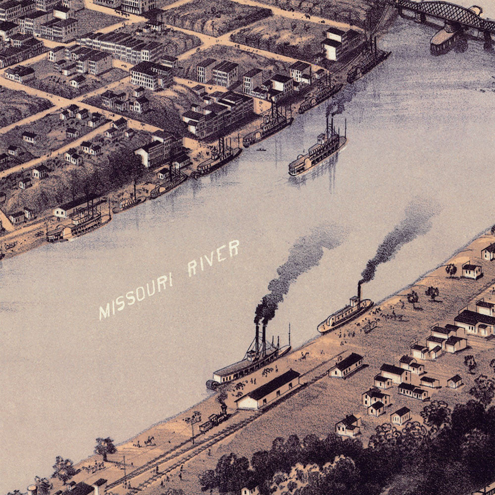 Kansas City Missouri Birds Eye Antique Map 1869 Gallup Map