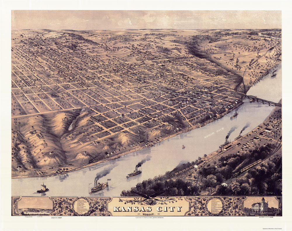 Kansas City Missouri Birds Eye Antique Map 1869