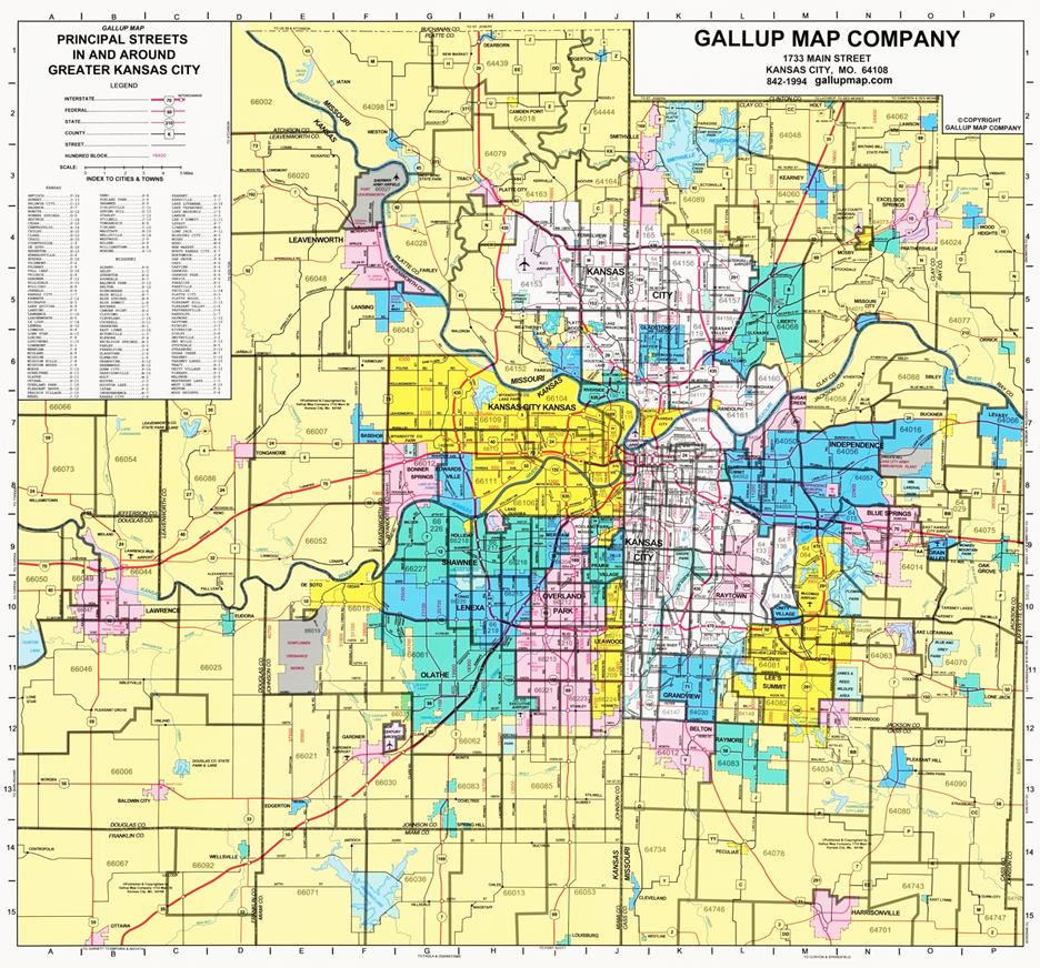 Kansas City Principal Streets and Zip Codes Map