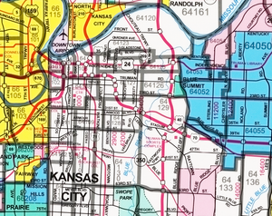 Kansas City Principal Streets and Zip Codes Map