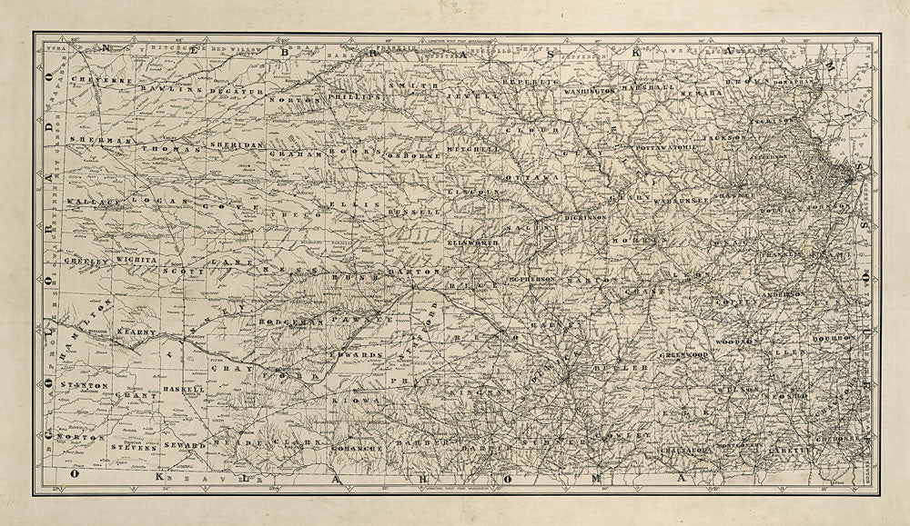 Kansas Rivers and Railroads Antique Map