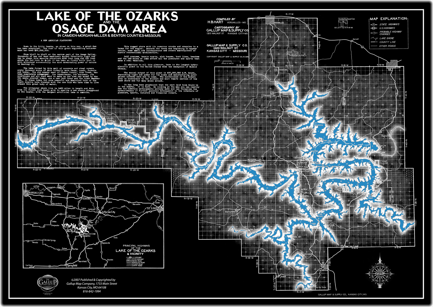 Vintage Lake of the Ozarks Map Brilliant Reverse with Cove Names and Mile Markers.