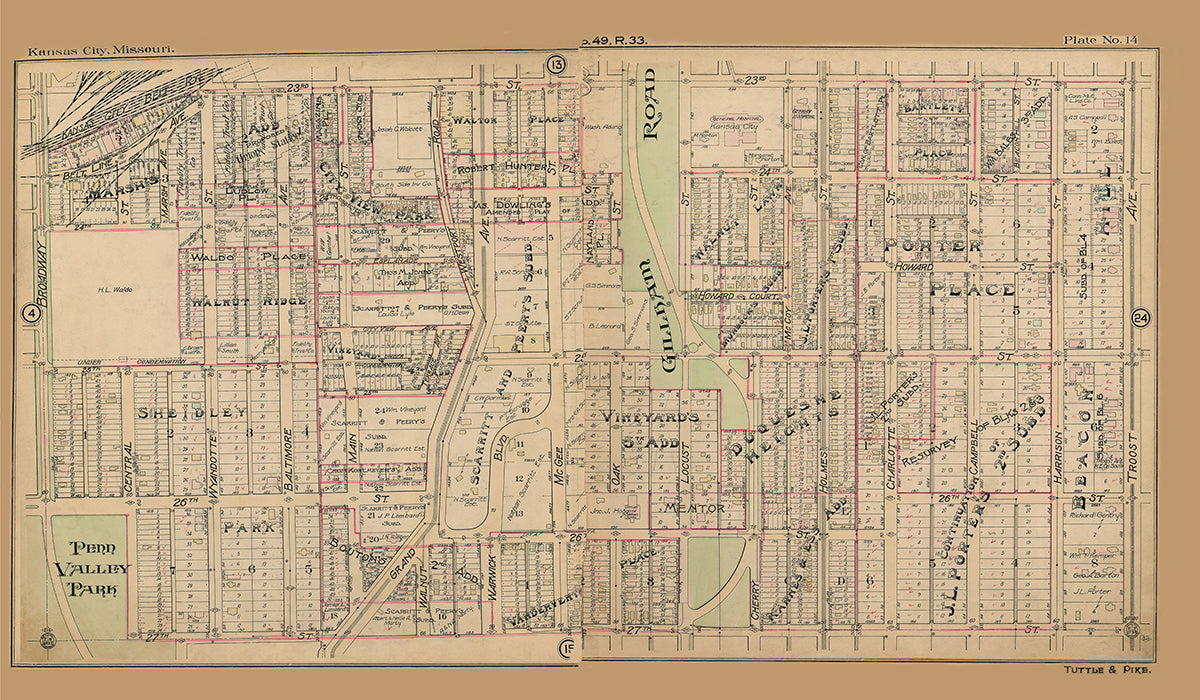 Kansas City Tuttle and Pike 1907 - Plate No 14 23rd-27th, Broadway-Troost
