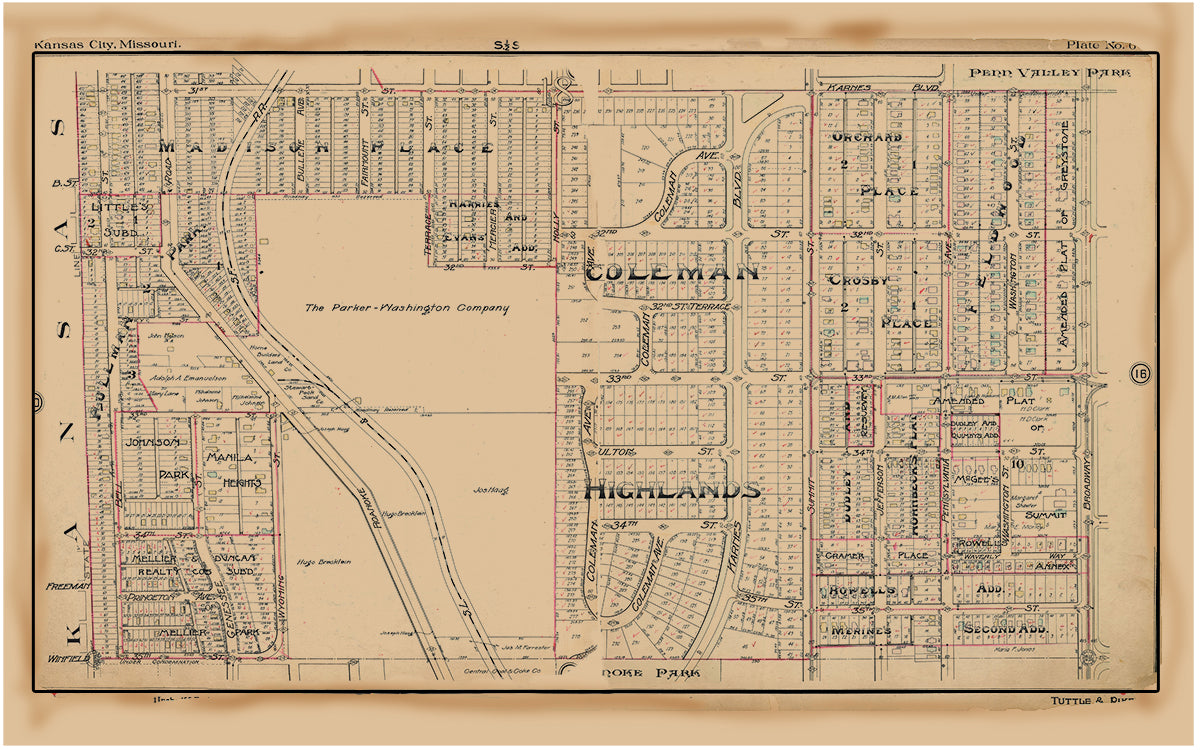 Kansas City Tuttle and Pike 1907 - Plate No 6 31st-35th, State Line-Broadway