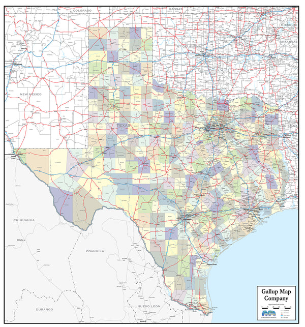 Texas Laminated Wall Map County and Town map With Highways - Gallup Map