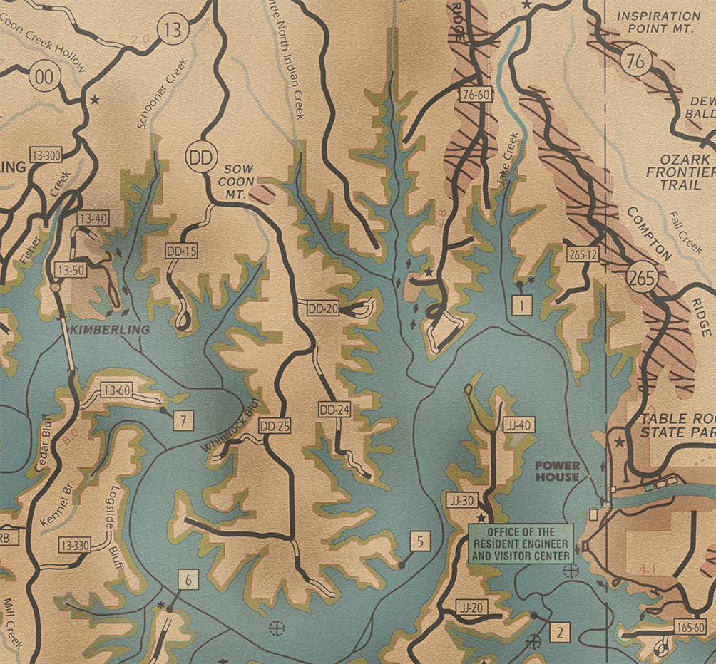 Table Rock Lake-East (Table Rock Dam to James River) Fishing Wall Map – MAD  MAPS, image size:1004x932