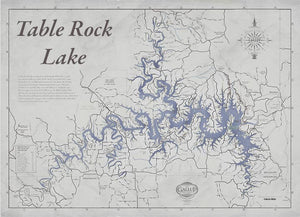 Table Rock Lake Map Vintage Decorator Gray with Antique Blue Water with Mile Markers