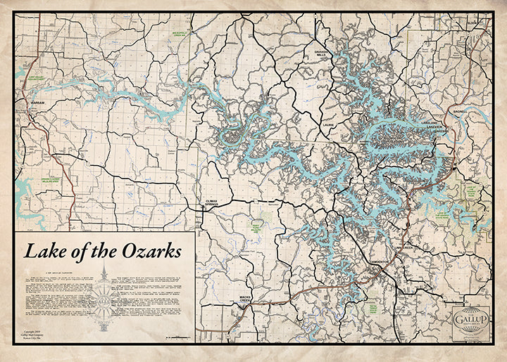 Lake of the Ozarks New and Old Combo Map Old West with Cove Names and Mile Markers
