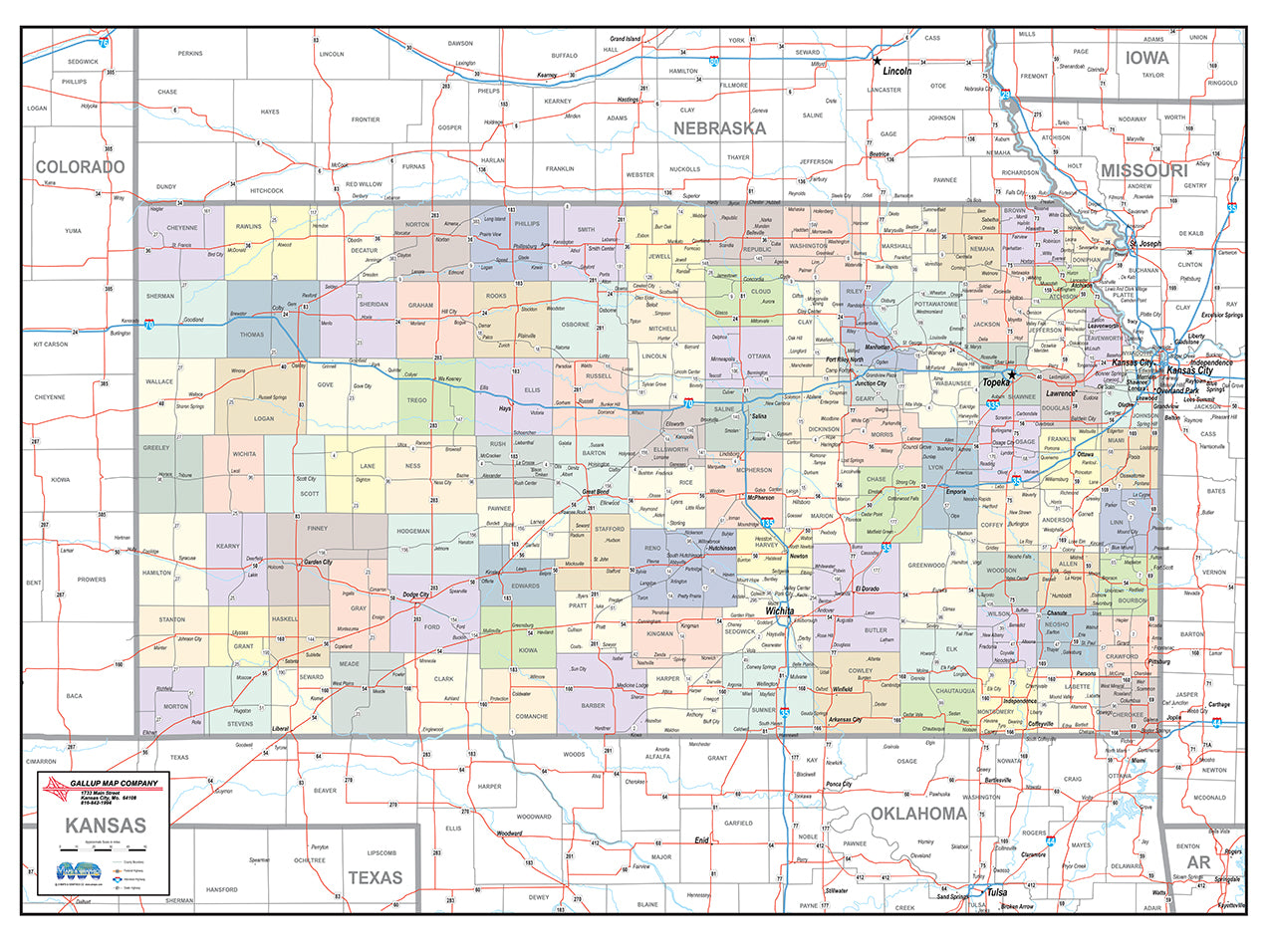 Kansas Laminated Wall Map County and Town map With Highways