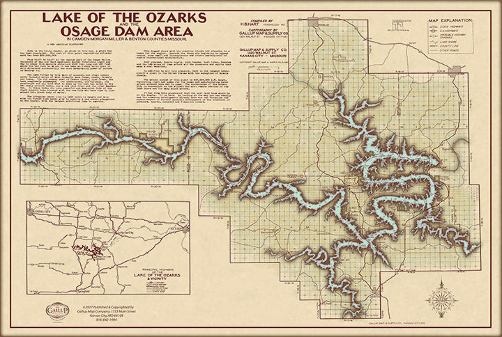 Vintage Lake of the Ozarks Classic Map with Mile Markers and Cove Names.