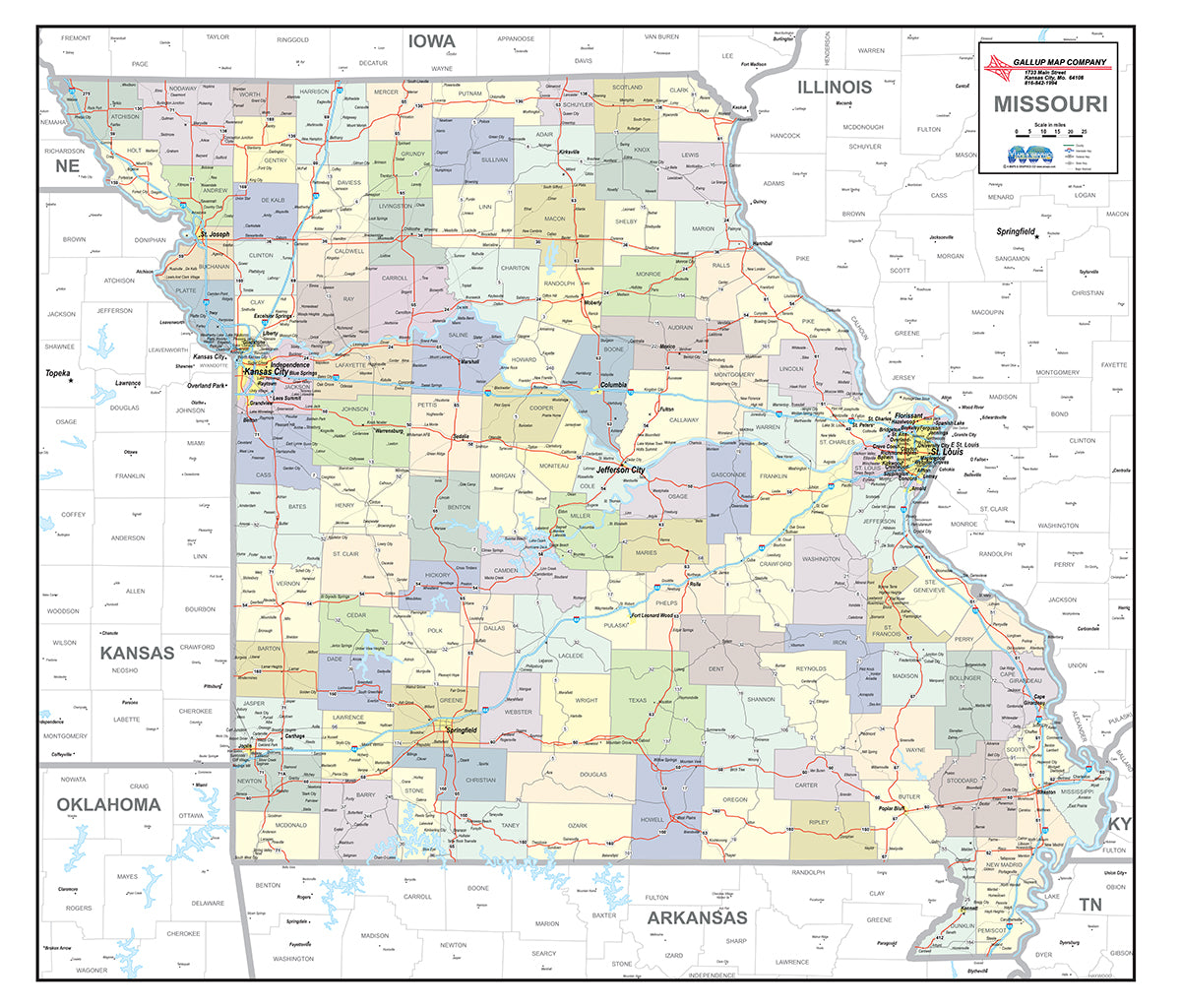 Missouri Laminated Wall Map County and Town map With Highways