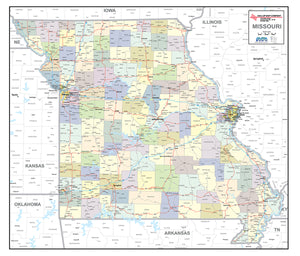 Missouri Laminated Wall Map County and Town map With Highways
