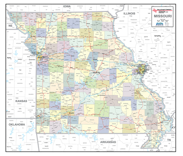 Missouri Laminated Wall Map County and Town map With Highways - Gallup Map